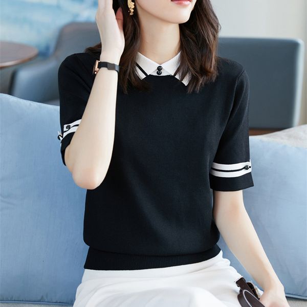 

women's t-shirt korean style stripe patchwork knitted women fashion short sleeve knitwear 2021 new summer polo collar tee fem, White