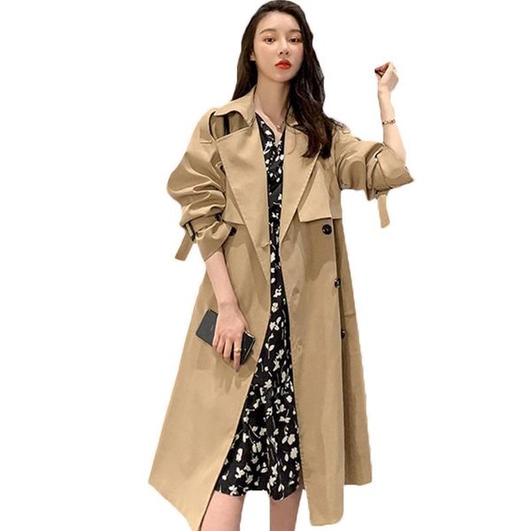 

windbreaker 2021 mid-length coat spring autumn korean british style over the knee temperament trench 129c women's coats, Tan;black