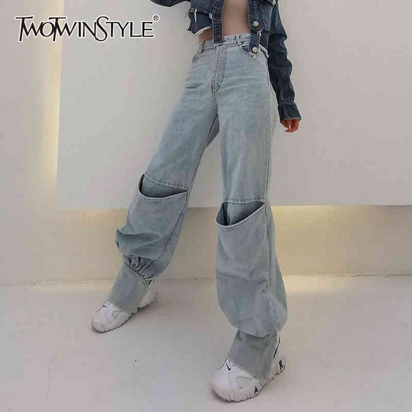 

denim patchwork pocket pants for women high waist minimalist casual streetwear jeans female fashion style 210423, Blue