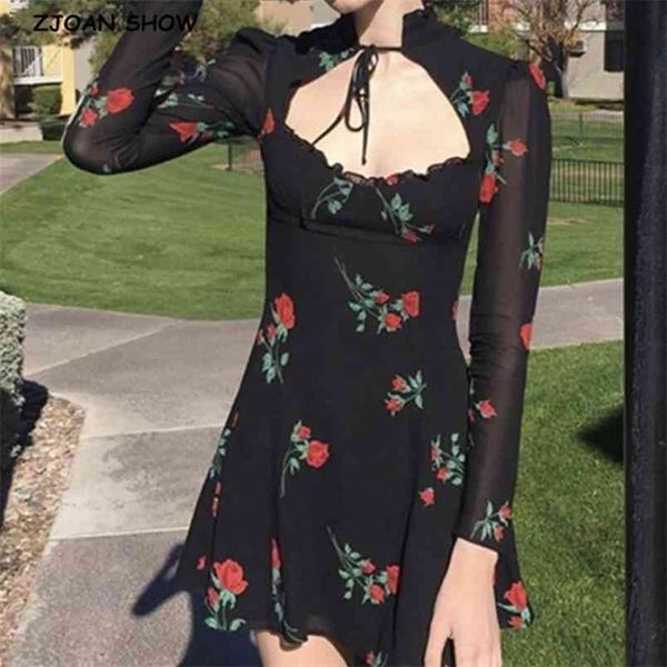

vintage france style rose print hollow out women dress black long sleeve lacing up collar slim girl's mini dresses 210429, Black;gray