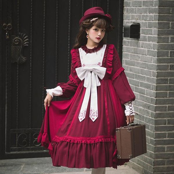 

royal fairy japanese soft sister princess lolita dress female ruffles stitching with bow original cute f1195 factory casual dresses, Black;gray