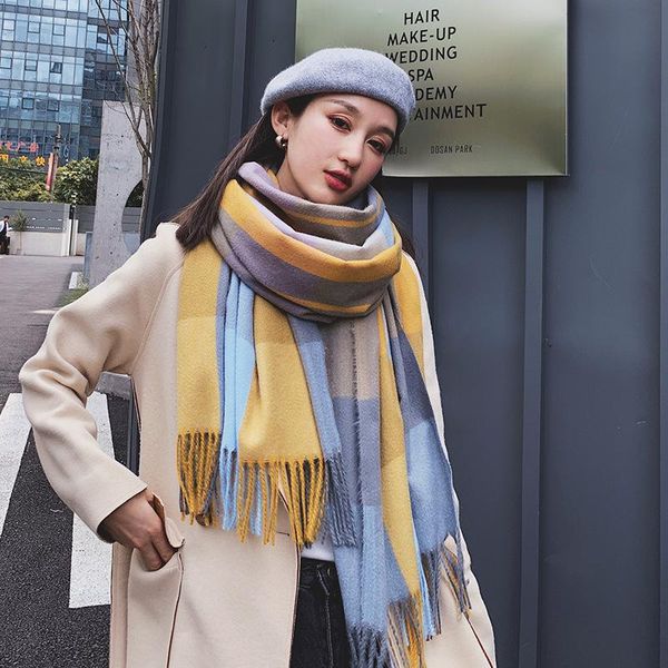 

scarves winter plaid scarf for women warm cashmere tassel blanket foulard big lattice long shawls wraps stoles, Blue;gray