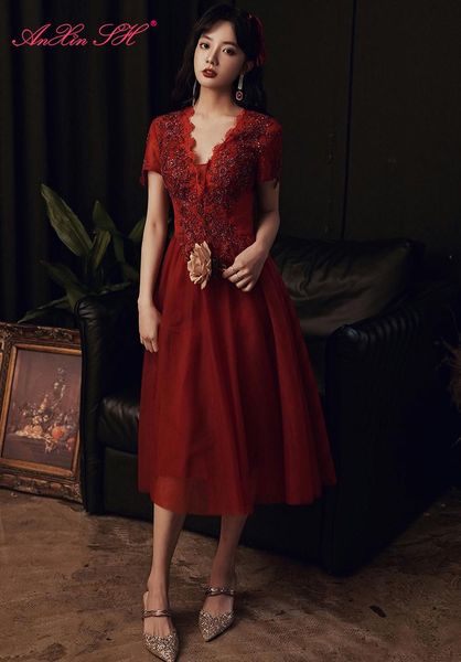 

party dresses anxin sh flower wine red lace v neck short sleeve evening dress vintage princess beading sparkly bride, White;black