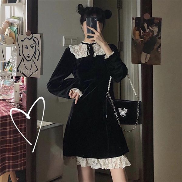 

casual dresses korean style chic retro sweet western slim waist all-match slimming lace stitching velour velvet dress, Black;gray