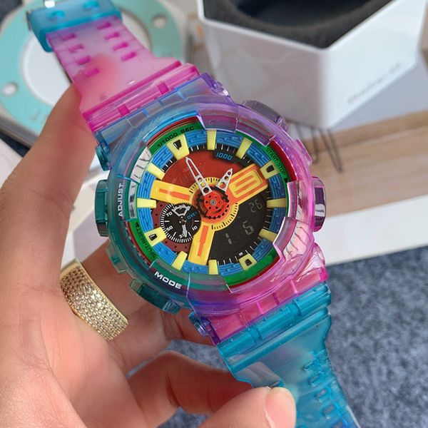 

1-sports mens watches outdoor waterproof full-featured running seconds timer rainbow color dual led digital automatic date shockproof watch, Slivery;brown