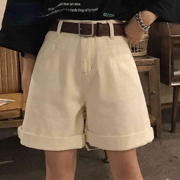 

high waist solid shorts femme summer casual loose wide leg denim plus size apricot jeans women 210429, White;black