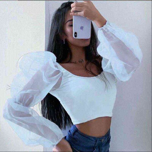 

slim fit cropped sheer womens blouses tee casual mesh puff sleeve, White