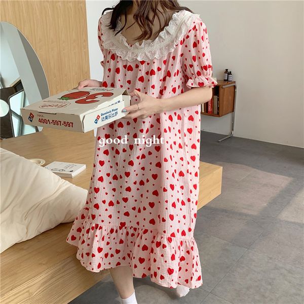 

casual dresses 2021 women night comfortable short sleeve vintage hearts printed sleepwear chic cotton fashion pajamas edeg, Black;gray