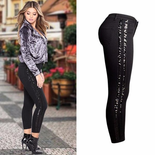 

women high waist summer pencil skinny jeans female sequined cowboy denim pants laies blue fashion bodycon jean trousers women's