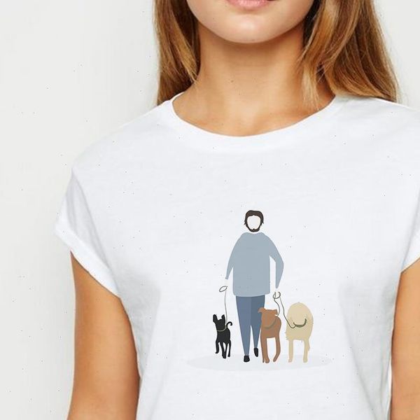 

fashion women t shirts walk dog motion shirt spring summer ropa mujer creative and pleasing printing round collar, White