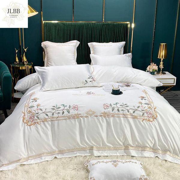 

bedding sets white 600tc satin silk cotton floral embroidery set double duvet cover bed linen fitted sheet pillowcases home textile