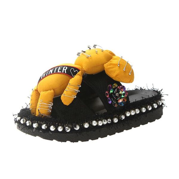

slippers cuddlyiipanda summer doll bear women cute animals indoor winter fashion slides pearls beading zapatos mujer, Black