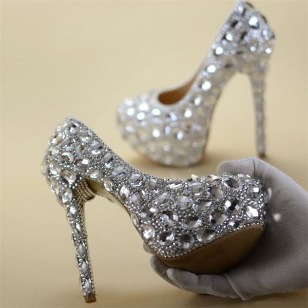 

dress shoes crystal luxury rhinestone women's white pumps large size comfortable high heels thick soled non slip wedding gentle, Black