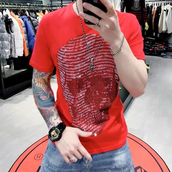 

men's t-shirts european style station weight technology big skull strass stripes short sleeve men's shirt clot design r4a1, White;black