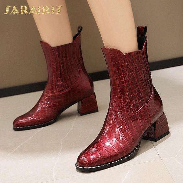 

boots sarairis 2021 arrivals big size 43 thick heels spring fashion woman shoes genuine leather slip-on ankle ladies, Black