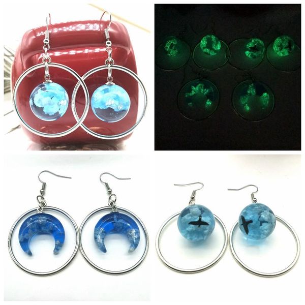 

moon luminous resin round earring bohemian celestial body fashion jewelry diy handmade 39mm stud, Golden;silver