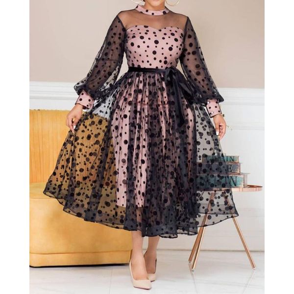 

casual dresses women pink black polka dot party princess dress see through tulle mesh stitching plus size summer birthday outfits, Black;gray