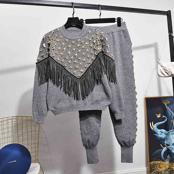 

women's two piece pants autumn fashion beading tassel loose long sleeve knitted pullover + knit set outfits g489 ojhu, White