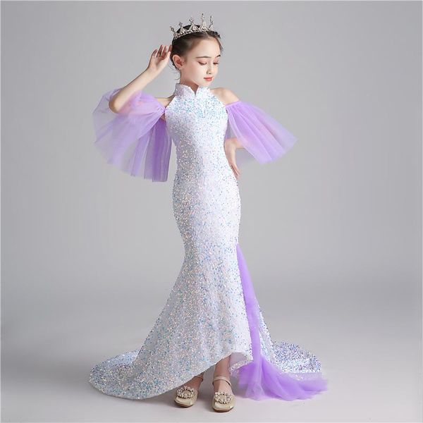 

girl's dresses flower girl luxury off the shoulder high short princess floor-length tulle lace sequined trumpet kids party gown h271, Red;yellow