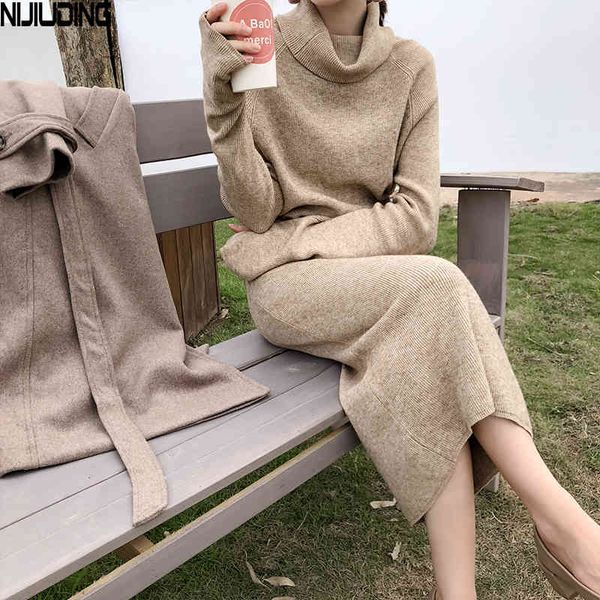 

winter loose long sleeve knitting dress ladies solid vintage high waist turtleneck drawstring lace up female 210514, Black;gray