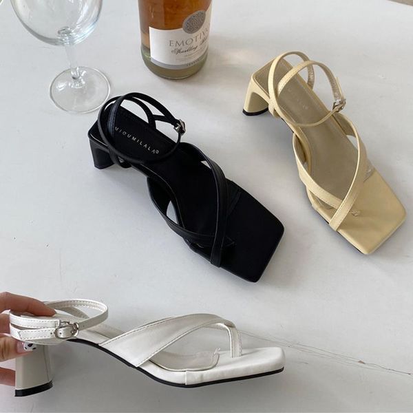 

sandals 2021 fashion women cross pinched toes summer medium heels hasp simplicity all-match ladies fairy style shoes, Black