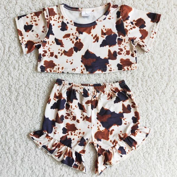 

fashion kids designer clothes girl sets cows print summer toddler baby girls clothing short sleeve ruffle shorts 2pcs outfits wholesale chil, White