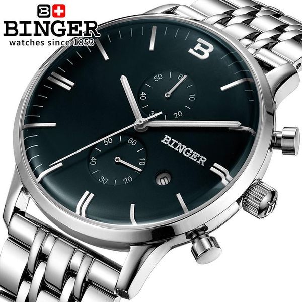 

wristwatches switzerland men's watch binger quartz glowwatch full stainless steel chronograph diver b1122-2, Slivery;brown