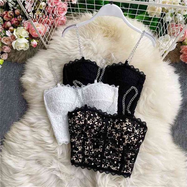 

summer women floral black lace camis slim metal chain spaghetti strap tank female backless sleeveless vest short a2064 210705, White