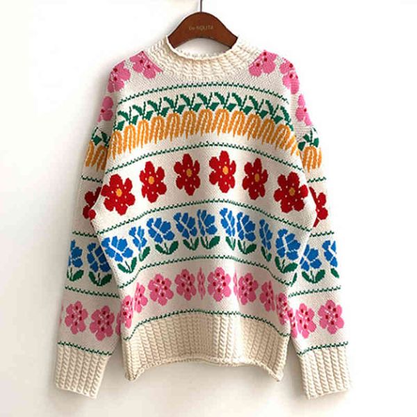 

women sweater knitted pullovers long sleeve crew neck navy blue beige floral m0450 210514, White;black