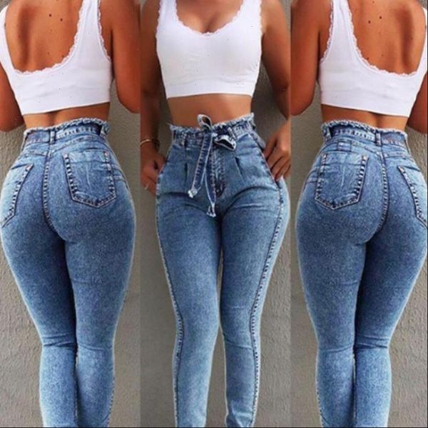 

high waist slim stretch womens jean denim bandage plus size ouc326, Blue