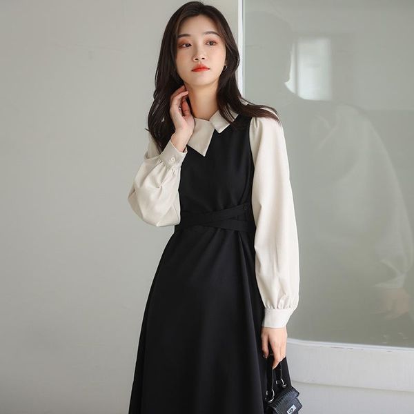 

casual dresses 2021 plus size shirt long irregular lapel dress for women fat spring autumn slim fake two-piece design offical lady, Black;gray