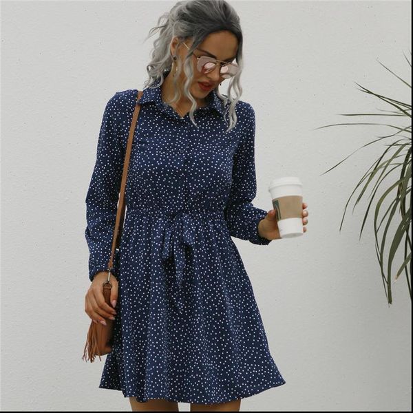 

bohemian women dress womens dresses long sleeved lapel high waisted lace up button placket autumn female polka dot party street, Black;gray