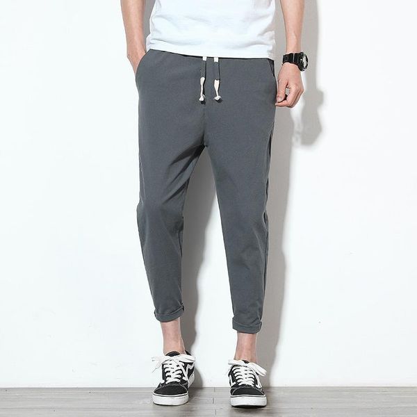 

men's pants shzq cotton joggers men summer casual slim ankle-length trousers lightweight solid breathable streetwear sweatpants, Black
