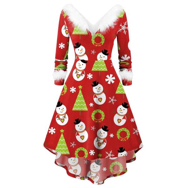 

casual dresses women christmas autumn dress faux-plush panel long sleeve v collar party winter warm xmas print high waist ruched, Black;gray