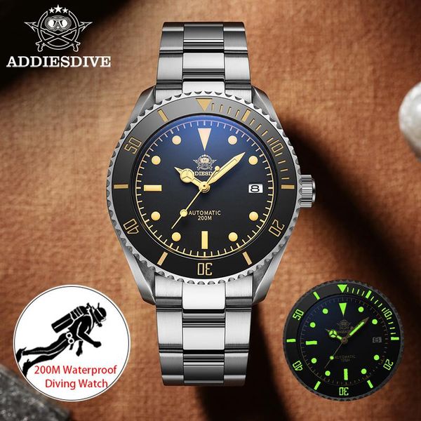 

wristwatches addies dive men luxury watch 200m sapphire crystal matte black wrist 316l steel strap c3 super luminous watches nh35, Slivery;brown