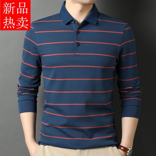 

middle aged men's long sleeved lapel striped p0lo loose casual bottomed dad's t-shirt, White;black