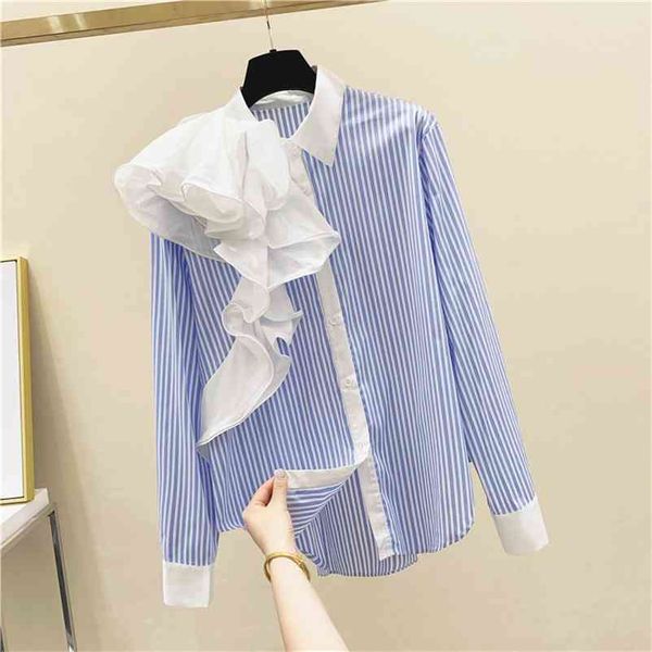 

autumn fashion womens turn down collar ruffles blue stripe shirt female long sleeves blouses shirts a2746 210519, White