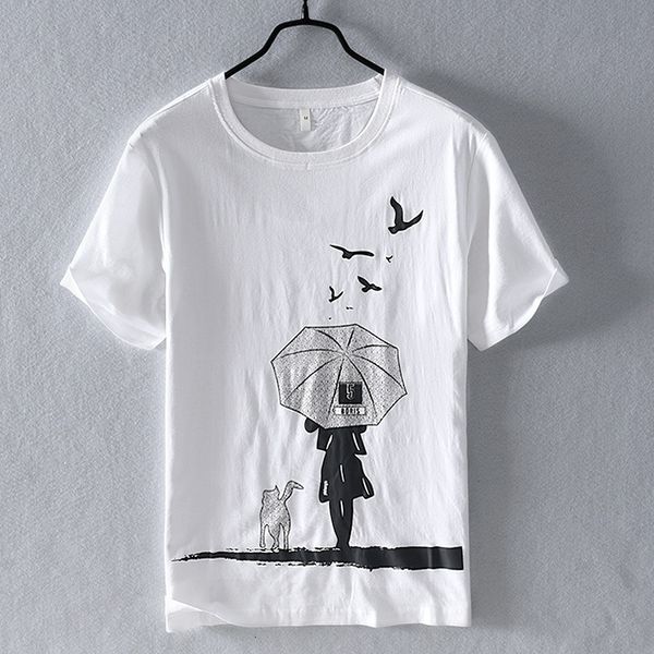 

t shirt men's cotton linen cartoon leisure white small fresh round neck short sleeve fashion, White;black