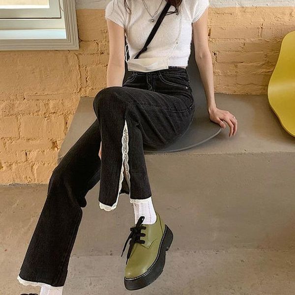 

women's jeans women fashion all-match college black lace patchwork design korean style straight full length vintage denim trouser, Blue