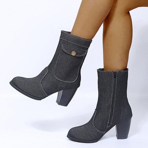 

boots women's plus size autumn and winter high-heeled denim mid-tube ankle boot fashion simple, Black