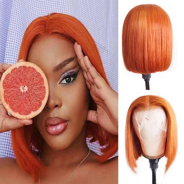 

synthetic wigs 180% density short cut bob glueless straight ginger orange lace front wig for black women daily cosplay heat resistant