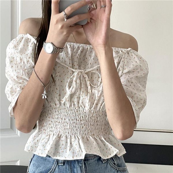 

women's blouses & shirts hzirip french vintage floral waist puff sleeve chic fashion ladies 2021 elegant loose thin sweet gentle women, White
