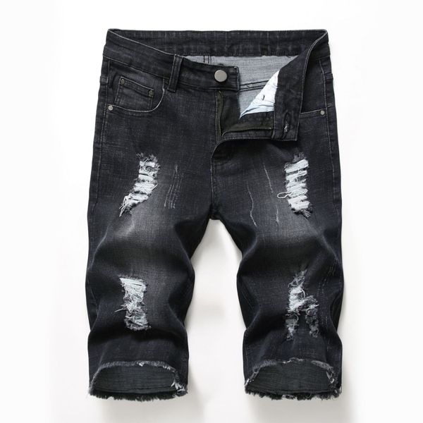 

jeans men fashion casual slim cotton denim shorts summer men's stretch short cut hole design, Blue