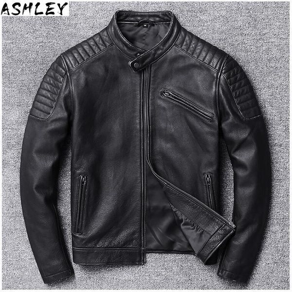 

men's leather & faux brown 2021 vintage men stand collar motorcycle jacket plus size 3xl genuine cowhide slim fit biker's coat, Black
