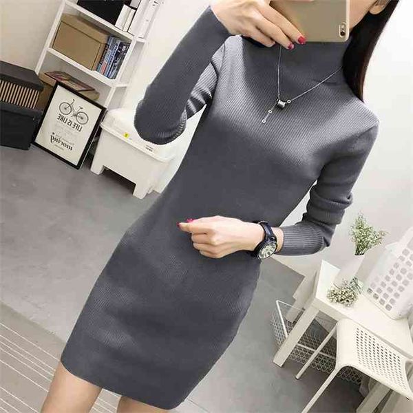 

2021 spring autumn new women slim turtleneck sweater dress warm padded ladies knit pullovers stretch female long sweaters, White;black