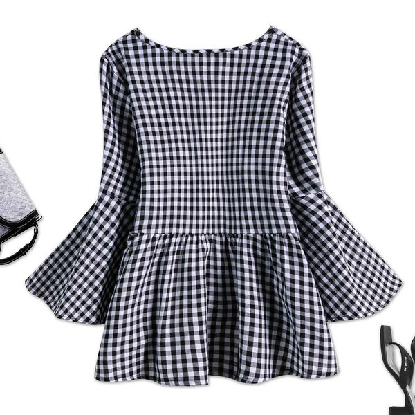 

women's plus size hy365073# plaid pleated splicing long sleeve t-shirt loose large top