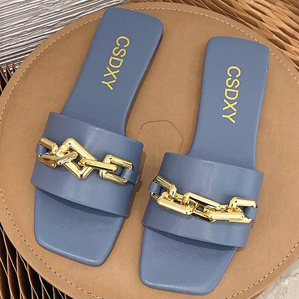

slippers summer women's flats metal chain ladies slides square toe flip flops woman beach slipper slip on female shoes plus size, Black