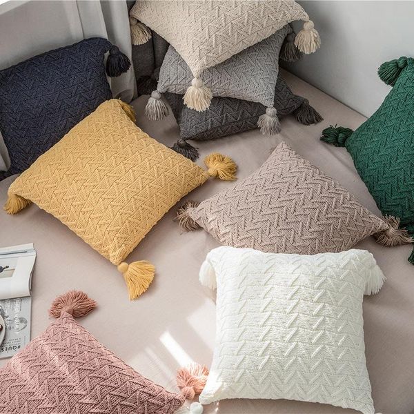 

cushion/decorative pillow soft knit cuhion cover 45x45cm solid cove pink grey cream tassels home decoration case square for sofa bed