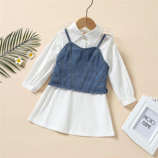 

girl's dresses 1-7y toddler girl 2pcs autumn clothes set long sleeve button down shirt dress + denim camisole outfits vestidos, Red;yellow