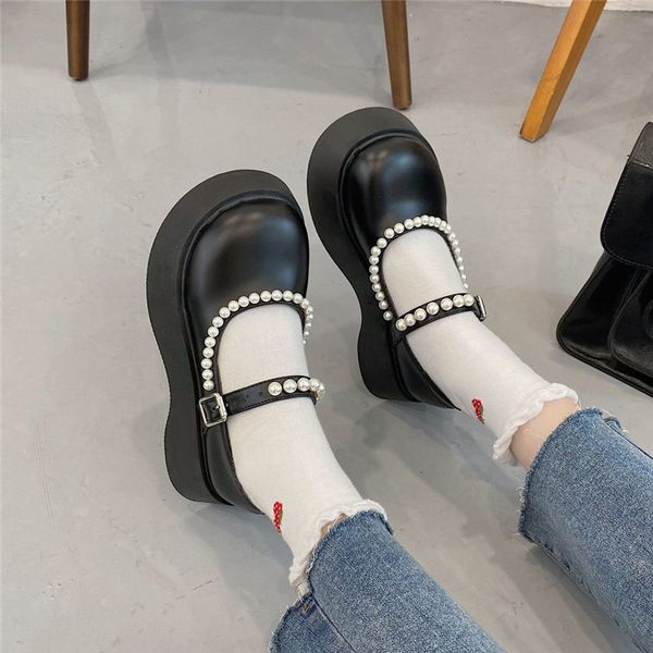 

lolita shoes double buckle platform shoes black chunky mary janes girls shoes wedges thick sole patent leather women, Black;white
